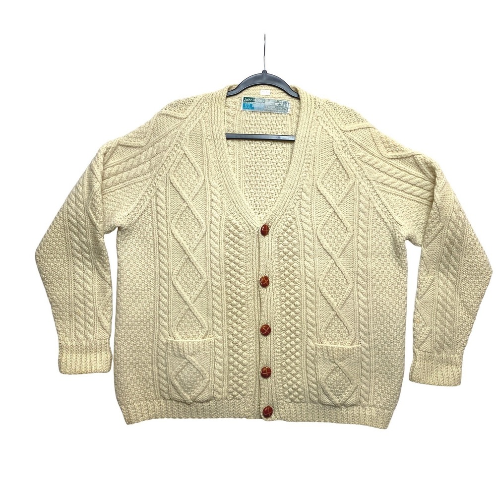 John Molloy Ardara Ireland Sweater Mens L Cream Cable Wool Cardigan Fisherman